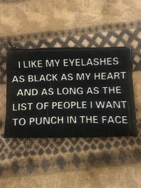 Black Text-Graphic Zipper Pouch - “l Like My Eyelashes …” makeup bag